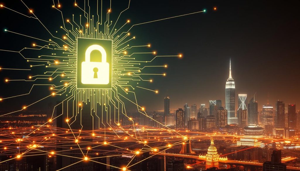 A complex digital landscape with a central server silhouette illuminated by a glowing SSL encryption protocol. In the foreground, data packets flow through secure encrypted channels, represented by luminous strands interconnecting devices. The middle ground features a network of interconnected nodes, conveying the intricate web of secure communication. In the background, a cityscape with towering skyscrapers sets the stage, symbolizing the wide-reaching impact of SSL proxy technology. The scene is bathed in a warm, ethereal light, evoking a sense of trust and reliability in the security measures at play.