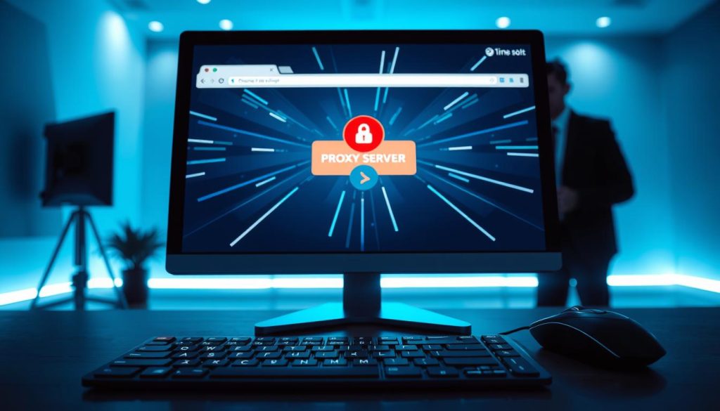 A computer screen displaying a vivid depiction of a Chrome proxy server error message, prominently in the center. The screen shows a stylized, futuristic browser interface with a glaring red error sign, surrounded by visual elements representing network connectivity issues, such as broken lines and warning symbols. The foreground should include a sleek, modern keyboard and mouse, hinting at a professional workspace. In the middle ground, a blurred outline of a concerned professional in business attire, looking toward the screen. The background features soft ambient lighting casting a cool blue hue across the room, evoking a tense yet resolute atmosphere as the viewer seeks to understand and resolve the technical issue. A computer screen displaying a vivid depiction of a Chrome proxy server error message, prominently in the center. The screen shows a stylized, futuristic browser interface with a glaring red error sign, surrounded by visual elements representing network connectivity issues, such as broken lines and warning symbols. The foreground should include a sleek, modern keyboard and mouse, hinting at a professional workspace. In the middle ground, a blurred outline of a concerned professional in business attire, looking toward the screen. The background features soft ambient lighting casting a cool blue hue across the room, evoking a tense yet resolute atmosphere as the viewer seeks to understand and resolve the technical issue.