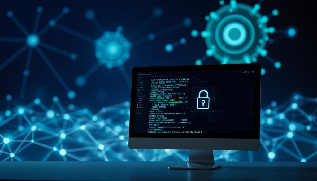 A conceptual digital landscape depicting online privacy protection. In the foreground, a sleek computer monitor displays secured digital data, with a visually enticing lock symbol glowing to signify encryption. The middle ground features abstract representations of data trails, illustrating the flow of information being masked by a distorting proxy. The background sets a dramatic atmosphere with a network of interconnected nodes representing a safe and hidden internet, enveloped in a blue and green color scheme to evoke trust and security. Soft, diffused lighting creates a clean and professional vibe while a slight vignette focuses attention on the central elements. The composition reflects a balance of technology and safety, emphasizing the importance of online privacy in today's digital era.