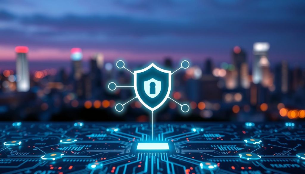 A conceptual illustration of an IP masking mechanism featuring a network of interconnected nodes representing proxies. In the foreground, a digital circuit board with glowing data packets flowing between nodes and symbols of encryption, illustrating data protection. In the middle, a stylized representation of a shield icon, symbolizing security, with a network diagram overlay connecting various devices, like routers and servers. The background features a blurred city skyline at night, with a blue and purple color palette to evoke a sense of technological advancement. The lighting is soft and ambient, emphasizing the glow from the digital elements, creating a futuristic ambiance. Use a wide-angle perspective to capture the complexity of networking, ensuring the overall mood conveys innovation and security in digital communications.