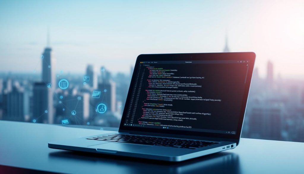 A conceptual illustration of web scraping without the use of proxies. In the foreground, a sleek laptop sits open, displaying lines of code and data extraction processes on the screen. Surrounding the laptop, visual elements symbolize different types of data, like graphs, tables, and web pages floating in a digital space. The middle ground features a subtle depiction of digital networks, represented by interconnected nodes and lines. In the background, a soft-focus city skyline portrays a sense of bustling data activity. The scene is illuminated with cool blue tones, enhancing the technological atmosphere. A slight lens flare adds depth, while the overall mood evokes a sense of innovation and efficiency in data collection. A conceptual illustration of web scraping without the use of proxies. In the foreground, a sleek laptop sits open, displaying lines of code and data extraction processes on the screen. Surrounding the laptop, visual elements symbolize different types of data, like graphs, tables, and web pages floating in a digital space. The middle ground features a subtle depiction of digital networks, represented by interconnected nodes and lines. In the background, a soft-focus city skyline portrays a sense of bustling data activity. The scene is illuminated with cool blue tones, enhancing the technological atmosphere. A slight lens flare adds depth, while the overall mood evokes a sense of innovation and efficiency in data collection.