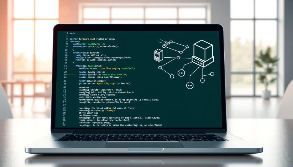 A detailed and dynamic illustration representing "node-fetch proxy configuration." In the foreground, depict a sleek laptop screen displaying code snippets for configuring a proxy with node-fetch, showcasing a clear and organized layout. In the middle, include abstract elements like server icons, network connections, and data packets flowing between them, symbolizing the concept of proxies facilitating communication. The background should consist of a modern office environment with soft, natural lighting emanating from large windows, setting a professional yet inviting atmosphere. Use a perspective angle that draws the viewer’s eye toward the laptop, emphasizing the focus on technology and connectivity. The overall mood should convey clarity and innovation in the realm of web development. A detailed and dynamic illustration representing "node-fetch proxy configuration." In the foreground, depict a sleek laptop screen displaying code snippets for configuring a proxy with node-fetch, showcasing a clear and organized layout. In the middle, include abstract elements like server icons, network connections, and data packets flowing between them, symbolizing the concept of proxies facilitating communication. The background should consist of a modern office environment with soft, natural lighting emanating from large windows, setting a professional yet inviting atmosphere. Use a perspective angle that draws the viewer’s eye toward the laptop, emphasizing the focus on technology and connectivity. The overall mood should convey clarity and innovation in the realm of web development.