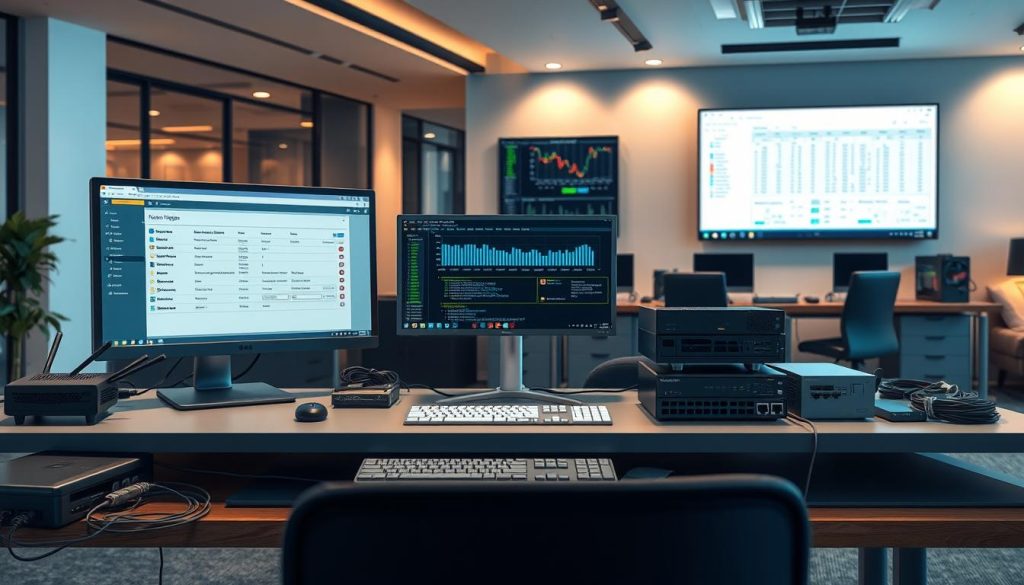 A detailed and organized illustration of a proxy server configuration setup. In the foreground, feature a sleek desk with a modern computer displaying a network configuration interface, showing proxy server settings. Include various networking tools and devices like routers, cables, and a network switch neatly arranged to emphasize organization. In the middle ground, depict a wall with a large screen showing graphs of network traffic and log files, highlighting the importance of monitoring for proxies. The background should consist of a stylishly designed office space with soft, ambient lighting, giving a professional and focused atmosphere. Use a wide-angle lens to capture the entire scene, enhancing the sense of depth and technology. Ensure the image is vibrant yet clear, embodying a tech-savvy environment. A detailed and organized illustration of a proxy server configuration setup. In the foreground, feature a sleek desk with a modern computer displaying a network configuration interface, showing proxy server settings. Include various networking tools and devices like routers, cables, and a network switch neatly arranged to emphasize organization. In the middle ground, depict a wall with a large screen showing graphs of network traffic and log files, highlighting the importance of monitoring for proxies. The background should consist of a stylishly designed office space with soft, ambient lighting, giving a professional and focused atmosphere. Use a wide-angle lens to capture the entire scene, enhancing the sense of depth and technology. Ensure the image is vibrant yet clear, embodying a tech-savvy environment.