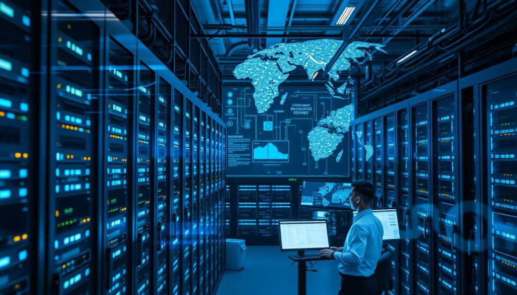 A detailed architectural view of a modern data center representing a proxy server location. In the foreground, sleek server racks filled with advanced technology glow with soft blue LED lights, indicating active connections. The middle ground showcases technicians in professional attire, engaged in monitoring systems and analyzing data on high-tech screens, their faces focused and concentrated. The background features a vast network of cables and digital maps displaying routing information, creating an intricate web of connectivity. The lighting is cool and ambient, with a high-angle view to capture the scale and complexity of the data center. Aim for a mood of efficiency and connectivity, illustrating the importance of proxy servers in digital networking.