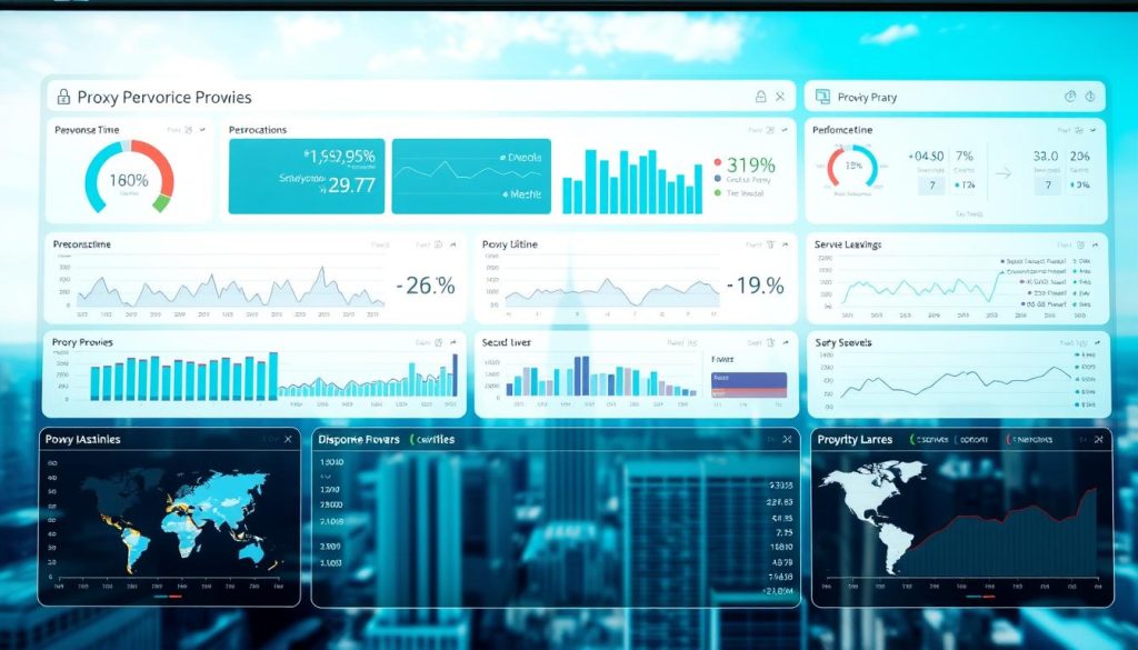 A detailed data visualization dashboard showcasing the performance metrics of a proxy provider. The foreground features various interactive charts and graphs displaying key statistics such as response time, uptime, bandwidth usage, and server locations. The middle ground depicts a sleek, minimalist user interface with intuitive data filtering and analysis tools. The background is a subtle cityscape, hinting at the global nature of the proxy network. The lighting is crisp and clean, with a cool, professional tone. The camera angle provides a balanced, centered perspective, allowing the viewer to easily comprehend the presented information.
