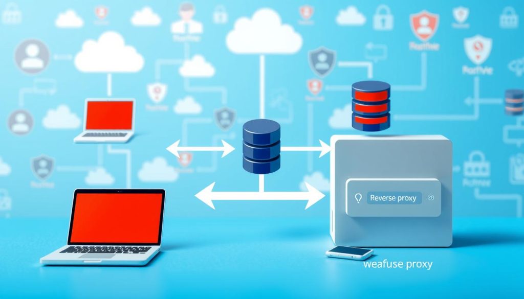 A detailed diagram of a proxy server setup, showcasing both forward and reverse proxy configurations. In the foreground, display two distinct sections: one for the forward proxy with client devices (laptops and smartphones) connecting through a server, represented with clear arrows indicating data flow. In the middle, illustrate the reverse proxy with a web server receiving requests from clients, also using arrows for clarity. The background should include a stylized network with cloud symbols and various internet icons, such as databases and security shields, adding depth to the diagram. Use bright, clear colors with a modern, professional aesthetic. The lighting should be bright and evenly distributed, creating an informative and engaging mood. The perspective should be slightly angled to give a 3D effect, inviting viewers to explore the relationships between clients and servers.