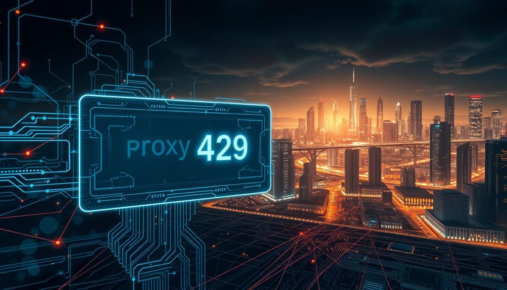 A detailed, futuristic digital illustration depicting a proxy error 429 message. In the foreground, a complex, holographic user interface displays the error code against a backdrop of abstract, glowing data streams. The middle ground features a mesh of interconnected circuit boards and wires, representing the complex web of network infrastructure. In the background, a dimly lit cityscape with towering skyscrapers and neon-tinged skylines suggests the global scale of the internet. The overall mood is one of technological complexity, where a simple error code hints at the intricate systems that power the modern digital landscape.