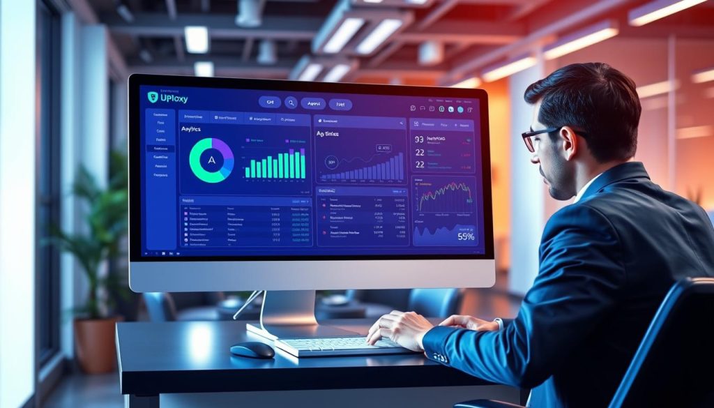 A detailed illustration of a computer screen displaying a sleek and modern UDP proxy software interface, featuring a sophisticated dashboard with analytics graphs and connection statistics. In the foreground, show a professional working on the computer, dressed in smart business attire, focused on the application. In the middle, the screen glows with a vibrant blue and green color scheme, highlighting the software’s tools and features. The background is a contemporary office space with subtle lighting that creates a tech-savvy atmosphere. Use a high-angle perspective to emphasize the complexity and usability of the software. The mood is focused and professional, reflecting a secure and efficient browsing experience. A detailed illustration of a computer screen displaying a sleek and modern UDP proxy software interface, featuring a sophisticated dashboard with analytics graphs and connection statistics. In the foreground, show a professional working on the computer, dressed in smart business attire, focused on the application. In the middle, the screen glows with a vibrant blue and green color scheme, highlighting the software’s tools and features. The background is a contemporary office space with subtle lighting that creates a tech-savvy atmosphere. Use a high-angle perspective to emphasize the complexity and usability of the software. The mood is focused and professional, reflecting a secure and efficient browsing experience.