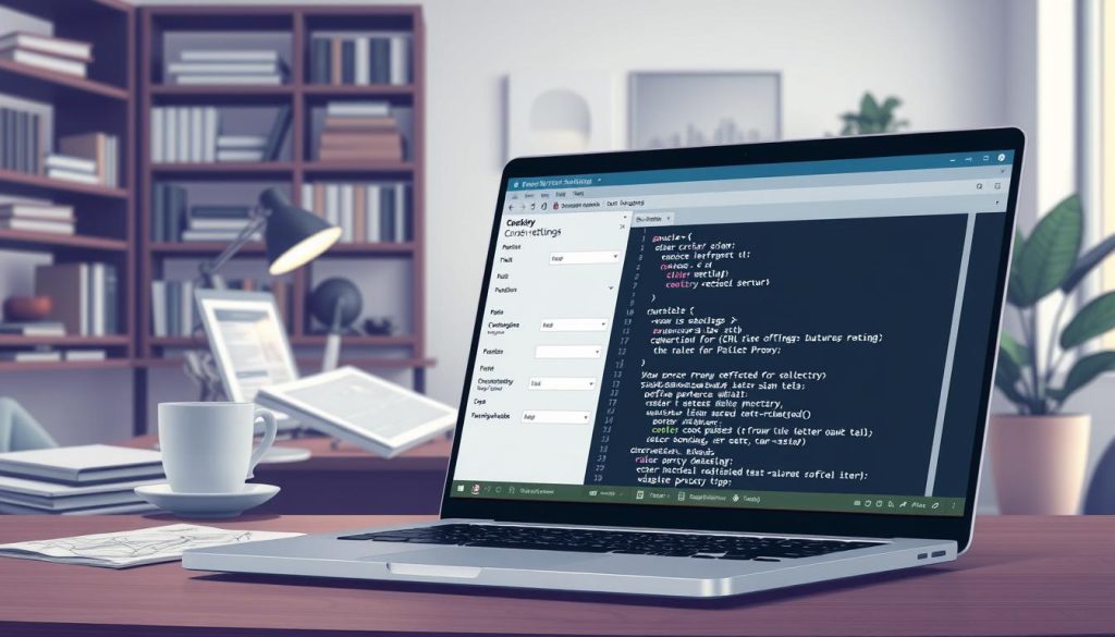A detailed illustration of a computer screen displaying cURL proxy settings. In the foreground, a sleek laptop is open, showing a user-friendly interface filled with code snippets and customizable proxy settings. The middle ground features a designer office desk adorned with technical manuals, network diagrams, and a steaming cup of coffee to set a focused atmosphere. The background is a modern office space with soft, ambient lighting, showcasing shelves filled with tech books and a potted plant for a touch of greenery. The overall mood is professional and informative, inviting the viewer to explore the complexities of using cURL with different proxy types. No people are included in the image, maintaining a clean and technical aesthetic.