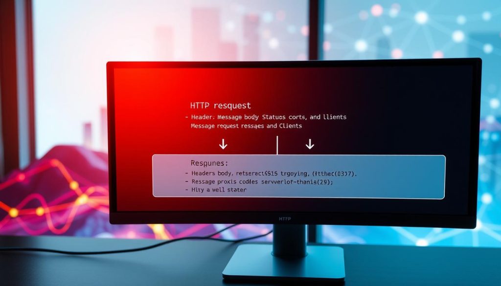 A detailed illustration of an HTTP request and response structure, prominently featuring a computer screen displaying a clear diagram of the HTTP flow, dividing the request and response sections. In the foreground, highlight elements like headers, message body, and status codes, with arrows indicating the direction of data flow. The middle layer showcases a virtual network environment with abstract representations of servers, proxies, and clients, in vibrant colors to emphasize connectivity. The background features a subtle digital landscape hinting at the internet, with soft, glowing lines and nodes representing data transfer. The lighting should be bright and modern, evoking a high-tech atmosphere, viewed from a slight angle to create depth and engagement in the image. The overall mood is informative and professional, perfect for an educational article on networking fundamentals. A detailed illustration of an HTTP request and response structure, prominently featuring a computer screen displaying a clear diagram of the HTTP flow, dividing the request and response sections. In the foreground, highlight elements like headers, message body, and status codes, with arrows indicating the direction of data flow. The middle layer showcases a virtual network environment with abstract representations of servers, proxies, and clients, in vibrant colors to emphasize connectivity. The background features a subtle digital landscape hinting at the internet, with soft, glowing lines and nodes representing data transfer. The lighting should be bright and modern, evoking a high-tech atmosphere, viewed from a slight angle to create depth and engagement in the image. The overall mood is informative and professional, perfect for an educational article on networking fundamentals.
