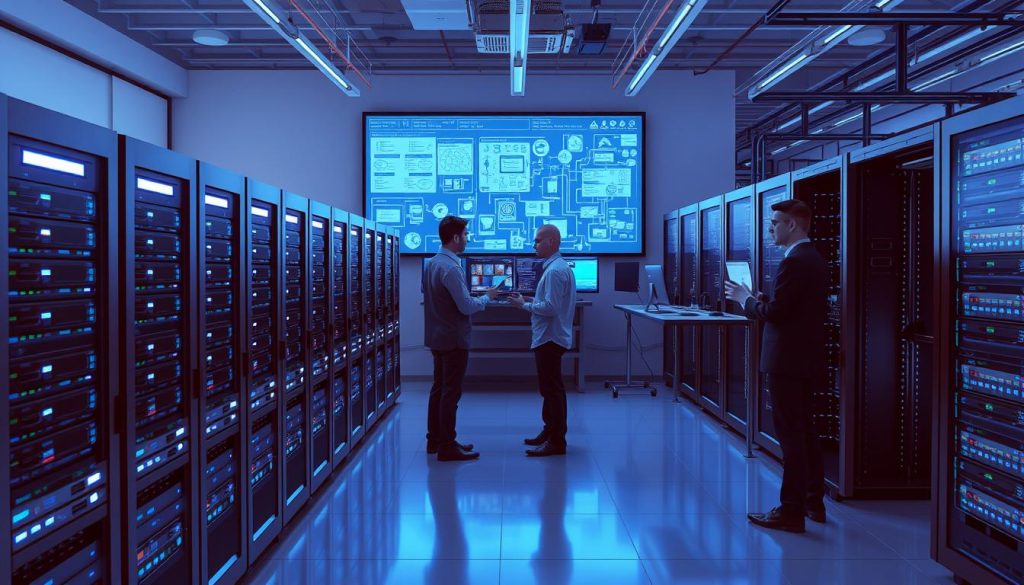 A detailed illustration of an ISP Proxy Infrastructure setup. In the foreground, visualize a sleek, modern server rack filled with server units, each emitting a cool blue light, symbolizing active data processing. In the middle, depict several professional technicians in business attire, closely inspecting network configurations and analyzing data on screens, showcasing collaboration and expertise. The background features a large wall-mounted screen displaying network maps and flowcharts, illuminated in soft ambient lighting, representing complex network traffic. The atmosphere feels technical and focused, with a high-tech, cybernetic atmosphere, emphasizing efficiency and connectivity. Use a wide-angle perspective to capture the breadth of this infrastructure, highlighting its importance in modern internet operations.