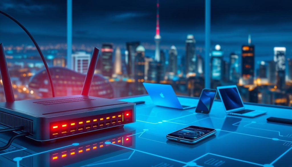 A detailed illustration of the technical workings of a SOCKS5 proxy system. In the foreground, a sleek network router with glowing indicator lights, symbolizing the proxy server. In the middle ground, a series of digital devices, laptops and smartphones, connected to the proxy through secure data channels. The background depicts a cityscape, hinting at the global reach and interconnectivity of the SOCKS5 proxy network. The scene is illuminated by a cool, bluish lighting, conveying a sense of modern, technological sophistication. The overall atmosphere is one of secure, efficient data transmission, enabling users to navigate the internet with anonymity and privacy.