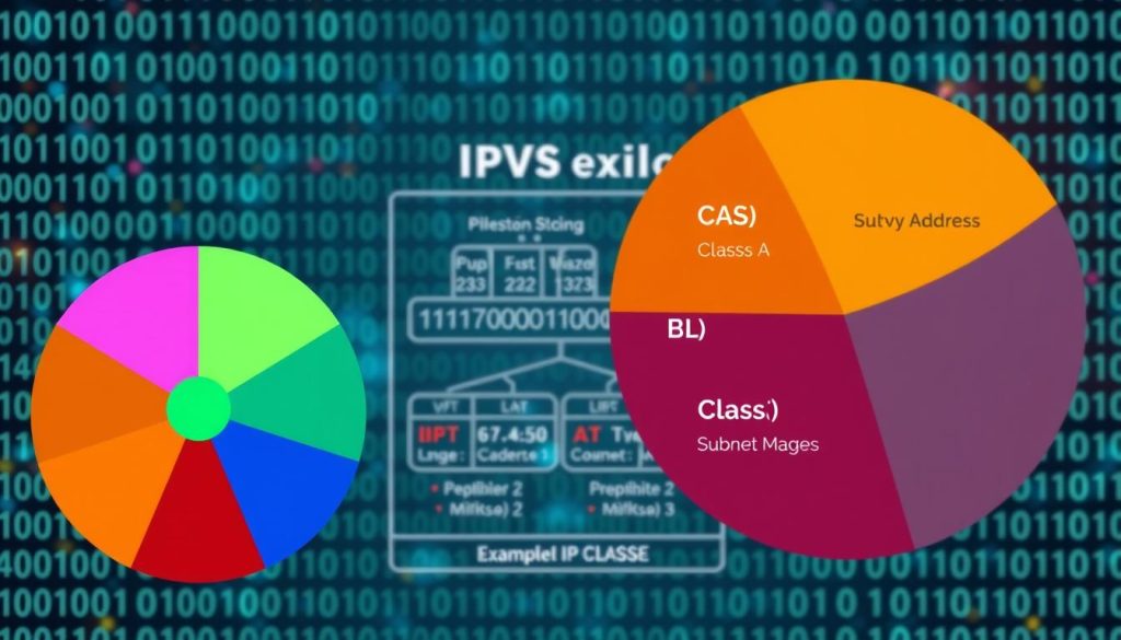 A detailed infographic illustrating the various classes of IPv4, featuring each class represented by a distinct color and labeled visually. In the foreground, display a segmented circle showing Class A, B, C, D, and E with vibrant colors: Class A in green, Class B in blue, Class C in orange, Class D in purple, and Class E in red. In the middle, include a network diagram showing IPv4 addresses organized by class, with subnet masks and examples of IP ranges. The background should have a soft digital grid pattern with glowing binary code to give it a tech-oriented atmosphere. Use bright, diffused lighting to bring focus to each class and create a modern, educational mood, as if viewed through a slightly wide-angle lens.