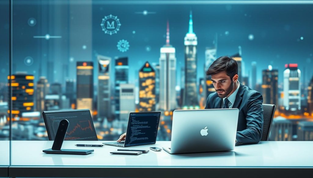 A detailed visual representation of "proxy-free data scraping". In the foreground, a focused individual in professional business attire is seated at a sleek modern desk, working on a laptop with multiple screens displaying data analytics and code. The middle ground features various digital icons and graphs representing data flow, emphasizing transparency and efficiency. In the background, an abstract cityscape made of circuit board elements and data streams symbolizes a digital environment. Bright, cool lighting illuminates the scene, creating a sense of clarity and innovation, while a slight blur adds depth to the background. The atmosphere conveys professionalism and sophistication, suggesting a harmonious balance between technology and ethics in data collection. A detailed visual representation of "proxy-free data scraping". In the foreground, a focused individual in professional business attire is seated at a sleek modern desk, working on a laptop with multiple screens displaying data analytics and code. The middle ground features various digital icons and graphs representing data flow, emphasizing transparency and efficiency. In the background, an abstract cityscape made of circuit board elements and data streams symbolizes a digital environment. Bright, cool lighting illuminates the scene, creating a sense of clarity and innovation, while a slight blur adds depth to the background. The atmosphere conveys professionalism and sophistication, suggesting a harmonious balance between technology and ethics in data collection.