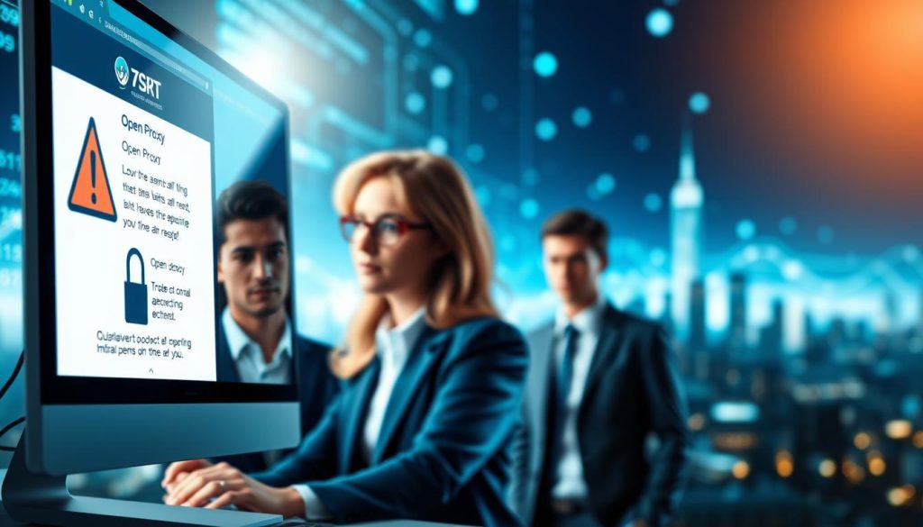 A digital illustration depicting the concept of proxy service security risks, featuring a close-up of a computer screen displaying an open proxy interface with warning symbols and a lock icon. In the foreground, emphasize a diverse group of three professional individuals in business attire, analyzing the data, with serious expressions, showcasing concern over security. In the middle ground, include a blurred image of a city skyline to represent global connectivity. The background should have an abstract representation of data streams and network connections, illuminated by soft blue and green lighting to convey a tech-savvy atmosphere. Use a slightly tilted angle to create a dynamic perspective, enhancing the sense of urgency and attention to security risks associated with open proxies. A digital illustration depicting the concept of proxy service security risks, featuring a close-up of a computer screen displaying an open proxy interface with warning symbols and a lock icon. In the foreground, emphasize a diverse group of three professional individuals in business attire, analyzing the data, with serious expressions, showcasing concern over security. In the middle ground, include a blurred image of a city skyline to represent global connectivity. The background should have an abstract representation of data streams and network connections, illuminated by soft blue and green lighting to convey a tech-savvy atmosphere. Use a slightly tilted angle to create a dynamic perspective, enhancing the sense of urgency and attention to security risks associated with open proxies.