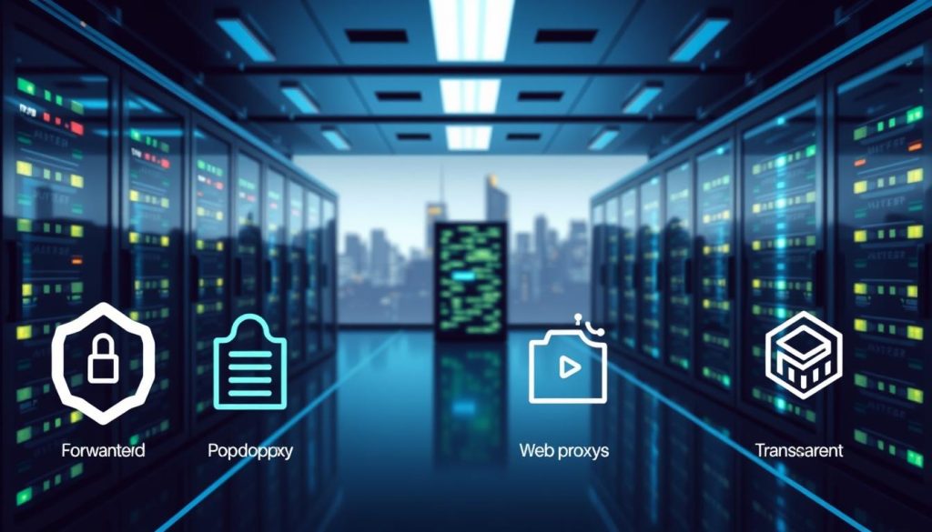 A digital illustration depicting various types of proxy servers in a modern tech environment. In the foreground, show distinct icons or visual representations of forward proxies, reverse proxies, web proxies, and transparent proxies, arranged in a semi-circle. In the middle ground, illustrate a sleek server room with illuminated server racks and glowing network connections, emphasizing data flow. The background should feature a subtle city skyline to suggest a global network. The lighting is cool and high-tech, giving a futuristic vibe, with soft blue and green hues illuminating the servers. The overall mood is informative and professional, evoking a sense of technological advancement and security. Aim for a clear, high-resolution image that focuses on the concept of proxies without any text or distractions. A digital illustration depicting various types of proxy servers in a modern tech environment. In the foreground, show distinct icons or visual representations of forward proxies, reverse proxies, web proxies, and transparent proxies, arranged in a semi-circle. In the middle ground, illustrate a sleek server room with illuminated server racks and glowing network connections, emphasizing data flow. The background should feature a subtle city skyline to suggest a global network. The lighting is cool and high-tech, giving a futuristic vibe, with soft blue and green hues illuminating the servers. The overall mood is informative and professional, evoking a sense of technological advancement and security. Aim for a clear, high-resolution image that focuses on the concept of proxies without any text or distractions.