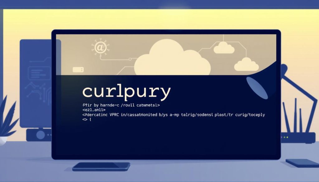 A digital illustration of a modern, sleek command-line interface showcasing the "curl" proxy command in action. The foreground features a glowing terminal window with the command clearly visible, surrounded by visually appealing elements like data packets and proxy icons. In the middle, a well-organized workspace includes a stylish laptop on a desk, complemented by tech gadgets like a smartphone and a network router. The background presents a subtle tech-themed design, with abstract circuit patterns and cloud elements, conveying a high-tech atmosphere. The lighting is soft yet focused, reminiscent of a cozy office environment, enhancing the sense of productivity and professionalism. The overall mood reflects clarity and efficiency, ideal for a technical guide on utilizing cURL with proxies.