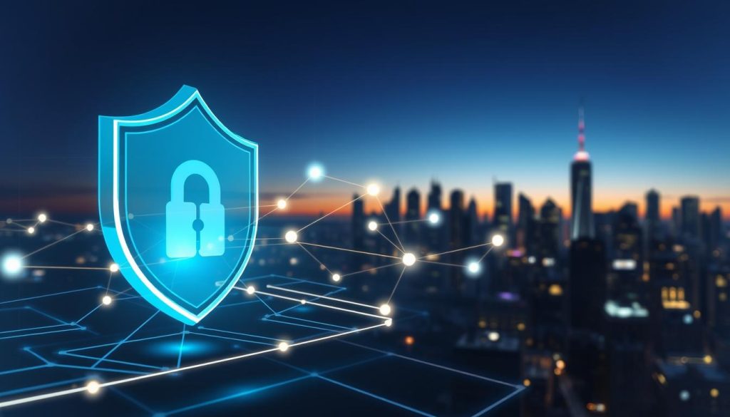 A digital illustration representing the concept of anonymous proxy levels, featuring a series of layered, abstract representations of networks. In the foreground, visualize a stylized, semi-transparent shield symbolizing protection and security. In the middle ground, depict a flow of data streams, illustrated as glowing lines with varying intensities, connecting multiple nodes and creating a sense of interconnectedness. In the background, include a city skyline at dusk, with soft, diffused lighting to reflect a tech-savvy environment. The atmosphere should convey mystery and sophistication, with cool color tones highlighting the digital theme. Capture the entire scene from a slightly elevated angle, providing depth and perspective, while ensuring the image remains professional and suitable for a business context.