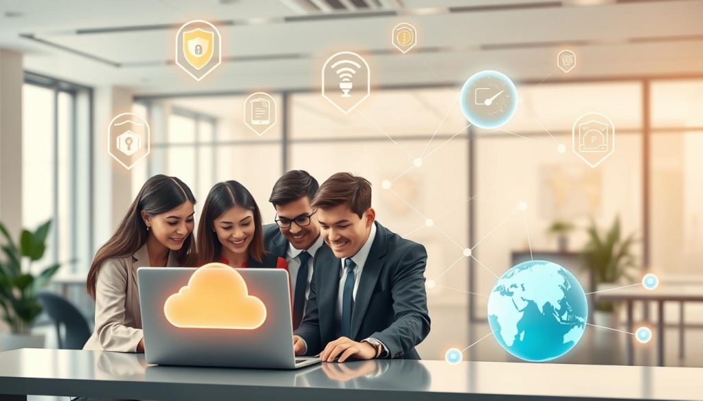 A digital illustration showcasing the benefits of cloud proxy services. In the foreground, a diverse group of professionals, dressed in smart business attire, collaborates around a laptop displaying a secure cloud interface. Beside them, visual representations of benefits – like shield icons for security, speedometer icons for speed, and globe icons indicating global access – float above their heads. In the middle ground, a network of glowing nodes symbolizing data flow and connectivity weaves through an abstract, cloud-like atmosphere. The background features a serene office environment with soft, natural lighting filtering through large windows, creating an inviting and modern workspace. The overall mood is optimistic and innovative, emphasizing the seamless connection and security offered by cloud proxy technology.