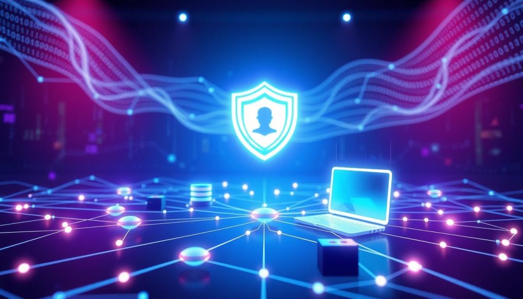 A digital illustration showcasing the concept of an "open proxy" in a technology-themed setting. In the foreground, display a vibrant, glowing network diagram with interconnected nodes representing data flow. Include abstract representations of computers and servers in sleek, modern designs, conveying a sense of advanced technology. The middle ground features a stylized representation of a digital shield or firewall, symbolizing security and protection in the online world. In the background, depict a flowing series of binary code and circuit patterns, creating an immersive digital atmosphere. Use cool tones like blue and purple with dynamic lighting effects to evoke a sense of innovation and connectivity. The overall mood should be professional and informative, suitable for a tech-savvy audience. A digital illustration showcasing the concept of an "open proxy" in a technology-themed setting. In the foreground, display a vibrant, glowing network diagram with interconnected nodes representing data flow. Include abstract representations of computers and servers in sleek, modern designs, conveying a sense of advanced technology. The middle ground features a stylized representation of a digital shield or firewall, symbolizing security and protection in the online world. In the background, depict a flowing series of binary code and circuit patterns, creating an immersive digital atmosphere. Use cool tones like blue and purple with dynamic lighting effects to evoke a sense of innovation and connectivity. The overall mood should be professional and informative, suitable for a tech-savvy audience.