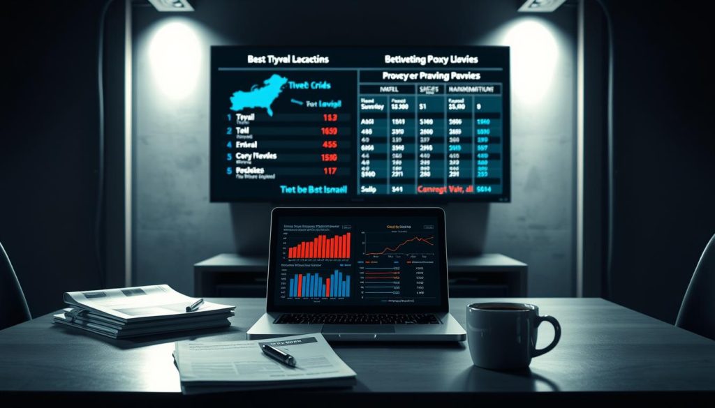 A dimly lit, industrial-style office setting with a sleek, modern desk as the focal point. On the desk, a laptop displaying detailed benchmarking metrics, charts, and graphs comparing the performance of various proxy providers. In the foreground, a stack of technical manuals and a cup of coffee, symbolizing the diligent research process. The background features a wall-mounted monitor showcasing side-by-side comparisons of proxy server locations, connection speeds, and reliability. Soft, directional lighting creates a contemplative atmosphere, highlighting the importance of the benchmarking methodology in evaluating the best datacenter proxy providers. A dimly lit, industrial-style office setting with a sleek, modern desk as the focal point. On the desk, a laptop displaying detailed benchmarking metrics, charts, and graphs comparing the performance of various proxy providers. In the foreground, a stack of technical manuals and a cup of coffee, symbolizing the diligent research process. The background features a wall-mounted monitor showcasing side-by-side comparisons of proxy server locations, connection speeds, and reliability. Soft, directional lighting creates a contemplative atmosphere, highlighting the importance of the benchmarking methodology in evaluating the best datacenter proxy providers.