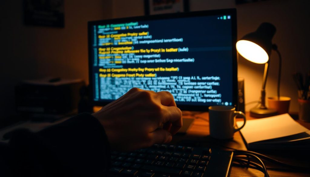 A dimly lit office workspace, with a computer monitor displaying proxy error codes. In the foreground, a person's hand hovers over a keyboard, brow furrowed in concentration. The desk is cluttered with technical manuals, coffee mugs, and cables, creating a sense of troubleshooting and problem-solving. Soft, warm lighting casts shadows, conveying a pensive mood. The background is blurred, focusing the viewer's attention on the central character's struggle to understand and resolve the proxy issues at hand.