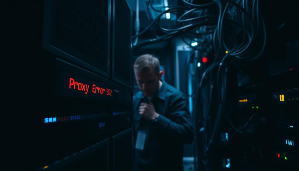 A dimly lit server room, the air thick with the hum of equipment. In the foreground, a server rack displays an ominous error message: "Proxy Error 502." The middle ground reveals a network administrator, brow furrowed, scrutinizing a series of cables and connections. In the background, a labyrinth of wires and blinking lights hint at the complexity of the underlying infrastructure. The scene is imbued with a sense of unease, the proxy error disrupting the smooth flow of digital information. Technical details, such as the server's make and model, are clearly visible, lending an air of authenticity to the image. The overall mood is one of problem-solving, as the administrator works to uncover the root cause of the proxy error and restore normal operations.