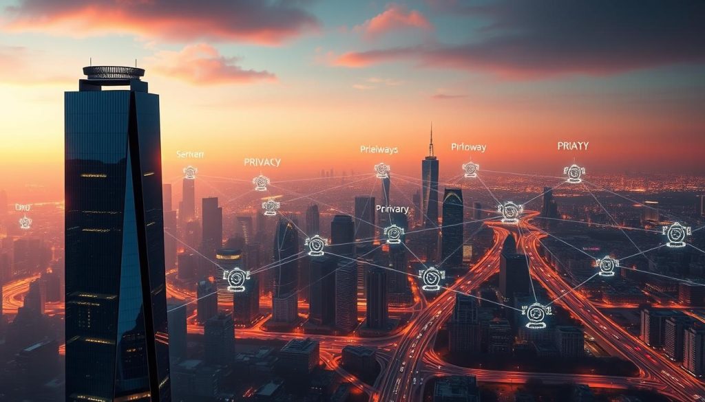 A dynamic cityscape depicting the levels of proxy anonymity. In the foreground, a sleek web server tower stands as a symbol of online privacy, its surfaces reflecting the changing hues of a neon-tinged sky. Surrounding it, a network of interconnected nodes and gateways, each representing a distinct layer of anonymity, from transparent proxies to anonymous VPNs and Tor relays. The middle ground is a bustling urban landscape, with skyscrapers and traffic, a metaphor for the complex web of online connectivity. In the distance, a hazy horizon, hinting at the ever-evolving landscape of digital privacy and security. Illuminated by a warm, diffused lighting, the scene conveys a sense of technological progress and the delicate balance between accessibility and anonymity.