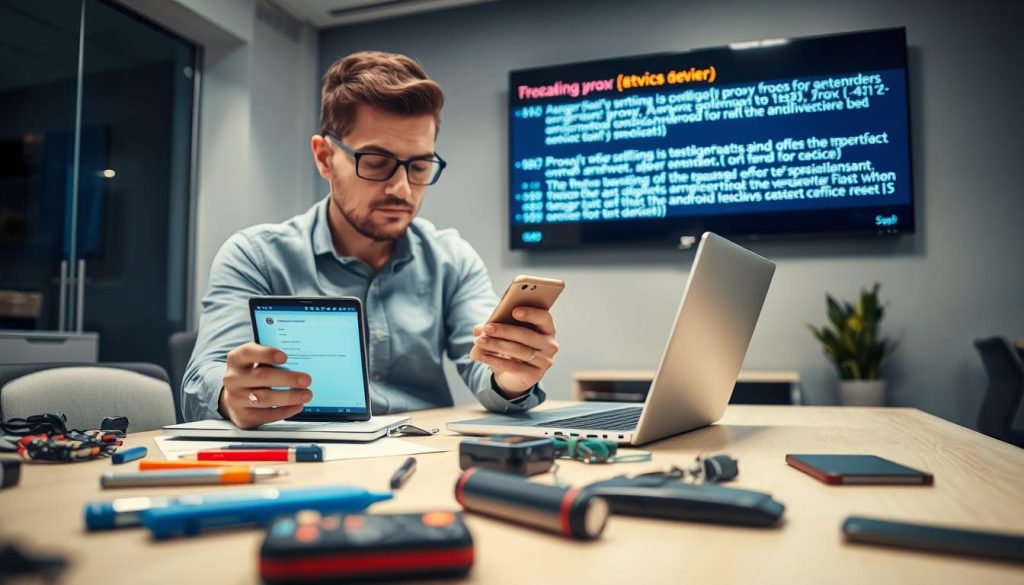 A focused, professional technician in a modern office, troubleshooting an android device that displays a proxy server error. The technician, dressed in smart casual attire, is attentively examining a smartphone in their hands, with a laptop open on the desk beside them showing network settings and diagnostic tools. In the foreground, there are various tools and gadgets scattered on the desk, symbolizing technology and problem-solving. The middle ground captures a large wall-mounted screen displaying error messages and proxy configurations related to Android devices. In the background, soft ambient lighting illuminates the workspace, creating a calm yet dynamic atmosphere. The lens angle is slightly tilted down towards the desk, emphasizing the technician's focused effort on resolving the issue, with subtle hints of a tech-savvy environment. A focused, professional technician in a modern office, troubleshooting an android device that displays a proxy server error. The technician, dressed in smart casual attire, is attentively examining a smartphone in their hands, with a laptop open on the desk beside them showing network settings and diagnostic tools. In the foreground, there are various tools and gadgets scattered on the desk, symbolizing technology and problem-solving. The middle ground captures a large wall-mounted screen displaying error messages and proxy configurations related to Android devices. In the background, soft ambient lighting illuminates the workspace, creating a calm yet dynamic atmosphere. The lens angle is slightly tilted down towards the desk, emphasizing the technician's focused effort on resolving the issue, with subtle hints of a tech-savvy environment.