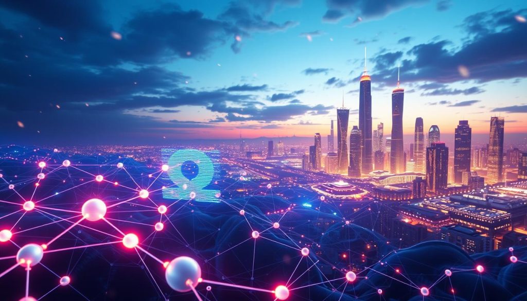 A futuristic, abstract representation of a distorting proxy, showcasing a digital landscape filled with swirling, fragmented data streams. In the foreground, sleek, luminous nodes connected by glowing lines represent network connections. The middle ground features a series of distorted screens displaying pixelated information and visual glitch effects, symbolizing data manipulation. In the background, a vast cityscape with towering, translucent skyscrapers softly illuminated against a twilight sky creates a sense of scale and technological advancement. The lighting is dynamic, with cool blues and purples contrasting with warm golden highlights, imbuing the scene with a sense of depth and intrigue. The atmosphere is both mysterious and innovative, evoking the power of networking technology.