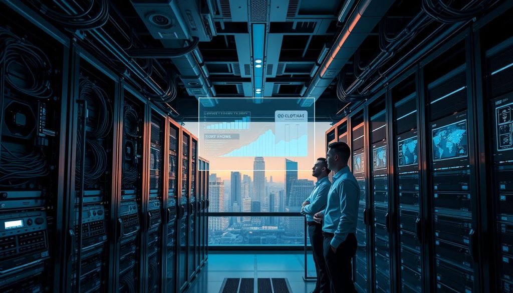 A futuristic and sleek data center, housing Decodo's enterprise-grade ISP proxy solutions. In the foreground, a row of high-performance server racks, their metallic frames gleaming under cool, overhead lighting. Cables and wires neatly organized, forming a complex network. In the middle ground, a large holographic display showcases real-time analytics and performance metrics. Technicians in crisp, uniforms monitor the system, their faces illuminated by the glow of the screens. The background is a panoramic view of a modern city skyline, hinting at the global reach and scale of Decodo's ISP proxy infrastructure. An atmosphere of technological sophistication, efficiency, and attention to detail pervades the scene. A futuristic and sleek data center, housing Decodo's enterprise-grade ISP proxy solutions. In the foreground, a row of high-performance server racks, their metallic frames gleaming under cool, overhead lighting. Cables and wires neatly organized, forming a complex network. In the middle ground, a large holographic display showcases real-time analytics and performance metrics. Technicians in crisp, uniforms monitor the system, their faces illuminated by the glow of the screens. The background is a panoramic view of a modern city skyline, hinting at the global reach and scale of Decodo's ISP proxy infrastructure. An atmosphere of technological sophistication, efficiency, and attention to detail pervades the scene.