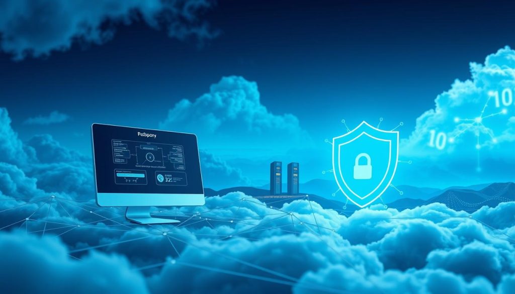 A futuristic illustration showcasing cloud proxy technology. In the foreground, visualize an abstract cloud network with interconnected nodes representing secure data flow. A sleek computer screen displays encrypted data streams, emphasizing the security aspect. In the middle ground, add a digital landscape, featuring server towers and a virtual shield symbolizing protection and online anonymity. The background should have a blue gradient sky, hinting at cloud computing, with data-rich elements like binary code subtly woven into the clouds. Use soft, ambient lighting to create a professional and innovative atmosphere, captured from a slightly elevated angle to enhance depth. The overall mood should evoke a sense of trust, security, and advanced technology.