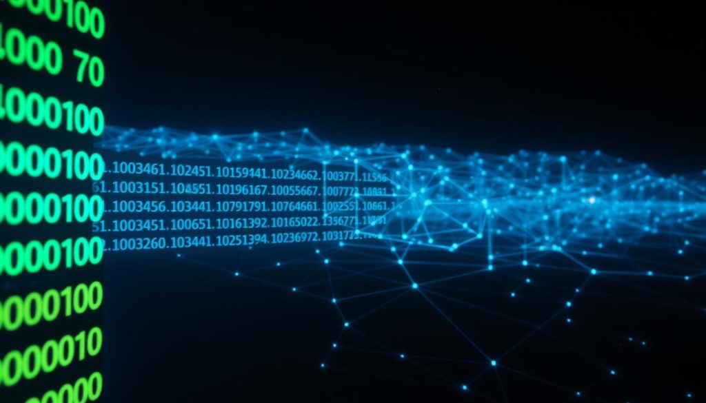 A futuristic visualization of the IPv6 address space, focusing on the vastness and complexity of its structure. In the foreground, illustrate a digital representation of IPv6 addresses formatted as hexadecimals, glowing softly in blue and green tones, symbolizing the massive allocation range. The middle ground features a conceptual map of interconnected networks, resembling a neural network with nodes and lines, to display the interconnectedness of the address space. In the background, a dark, starry sky represents infinite possibilities and expansion. Use dramatic lighting to create depth, with a slight lens flare effect to enhance the technological atmosphere. The overall mood should be one of innovation and progress, conveying the advancement of internet protocols. A futuristic visualization of the IPv6 address space, focusing on the vastness and complexity of its structure. In the foreground, illustrate a digital representation of IPv6 addresses formatted as hexadecimals, glowing softly in blue and green tones, symbolizing the massive allocation range. The middle ground features a conceptual map of interconnected networks, resembling a neural network with nodes and lines, to display the interconnectedness of the address space. In the background, a dark, starry sky represents infinite possibilities and expansion. Use dramatic lighting to create depth, with a slight lens flare effect to enhance the technological atmosphere. The overall mood should be one of innovation and progress, conveying the advancement of internet protocols.