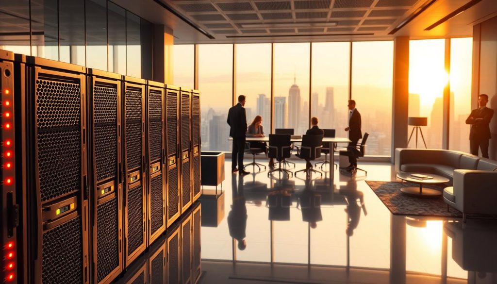 A high-end corporate office interior with sleek, modern furniture and high-tech equipment. In the foreground, a row of premium rotating proxy servers stands prominently, their intricate designs and blinking status lights conveying a sense of cutting-edge technology. The middle ground features a team of professionals collaborating at a conference table, discussing network security and data privacy. The background showcases floor-to-ceiling windows offering a panoramic city skyline view, bathed in warm, directional lighting that creates a sophisticated, enterprise-level ambiance.