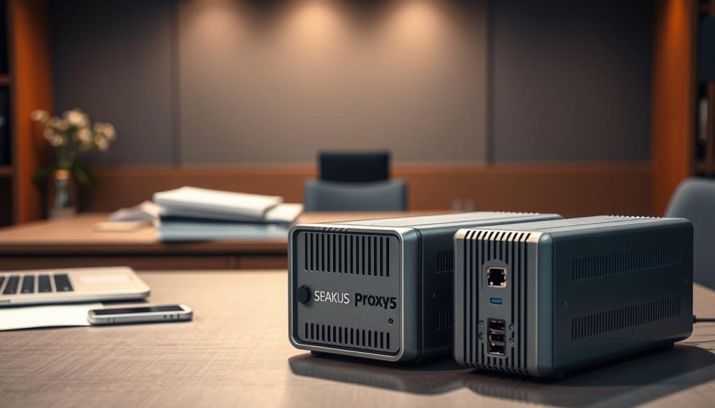A high-end, professional office setting with a tidy desk showcasing a laptop, smartphone, and a stack of documents. In the foreground, a pair of premium socks5 proxies sit prominently, their sleek, silver-gray metal casing gleaming under warm, directional lighting. The proxies are positioned to draw the eye, conveying their importance as enterprise-grade networking tools. The background features a minimalist, monochromatic color scheme with hints of wood and metal accents, creating an atmosphere of sophistication and technological prowess. The overall scene exudes a sense of streamlined efficiency and cutting-edge solutions for the modern business.