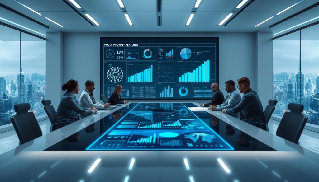 A high-tech boardroom table, sleek and modern, dominates the center of a well-lit, minimalist office space. On the table, various proxy provider features are being evaluated, with graphs, charts, and technical data displayed on a large holographic display. The lighting is cool and indirect, casting a subtle glow on the proceedings. In the foreground, a team of data analysts and IT professionals scrutinize the information, deep in concentration. The background is a panoramic view of a bustling city skyline, reflecting the global nature of the proxy provider services being considered. The overall atmosphere is one of professional, data-driven decision-making. A high-tech boardroom table, sleek and modern, dominates the center of a well-lit, minimalist office space. On the table, various proxy provider features are being evaluated, with graphs, charts, and technical data displayed on a large holographic display. The lighting is cool and indirect, casting a subtle glow on the proceedings. In the foreground, a team of data analysts and IT professionals scrutinize the information, deep in concentration. The background is a panoramic view of a bustling city skyline, reflecting the global nature of the proxy provider services being considered. The overall atmosphere is one of professional, data-driven decision-making.
