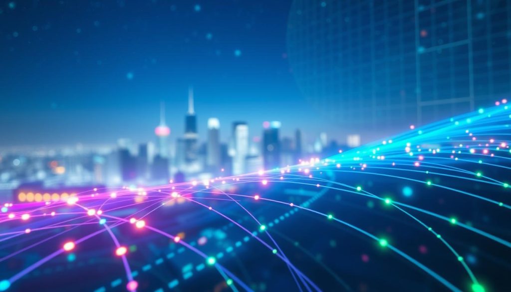 A high-tech digital landscape depicting abstract rotating proxies represented as vibrant, multi-colored data streams swirling in a futuristic cyberspace. In the foreground, sleek, glowing proxy nodes are interconnected with luminous lines, symbolizing the dynamic nature of rotating proxies. The middle ground features a blurred city skyline, faintly illuminated with neon lights, suggesting a world reliant on interconnected technology. In the background, a starry night sky with a digital grid evokes a sense of limitless possibilities and advanced technology. The lighting is bright yet ethereal, casting a cool blue and green glow over the scene. The mood is dynamic and innovative, capturing the essence of flexibility and speed in modern networking. The angle is slightly tilted upwards, enhancing the sense of movement and energy throughout the image.