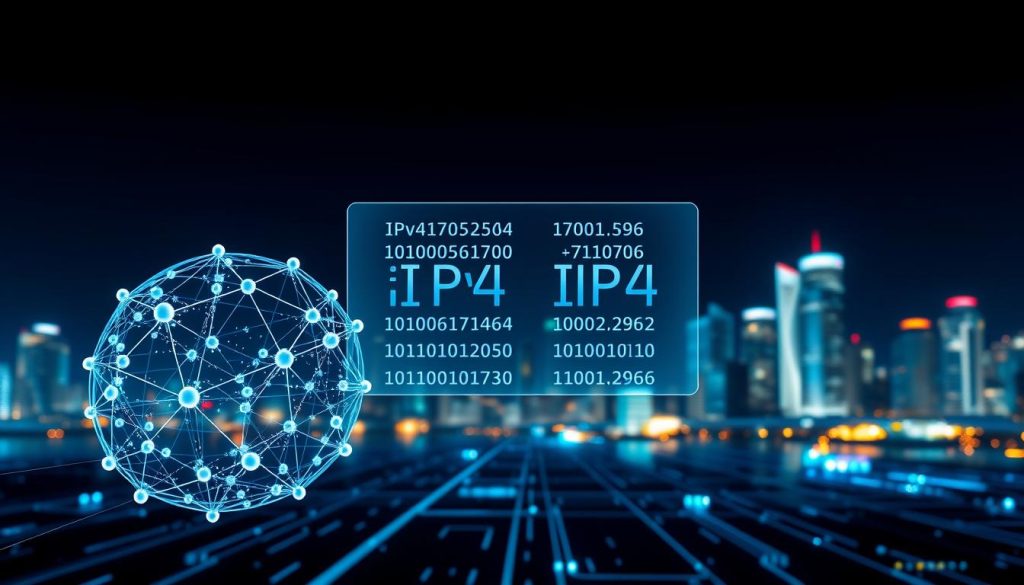 A high-tech illustration representing the concept of internet protocols, specifically contrasting IPv4 and IPv6. In the foreground, a stylized digital globe showcasing interconnected nodes symbolizing network communication. In the middle ground, a translucent split screen highlights binary code flowing, with IPv4 addresses on one side and IPv6 addresses on the other. The background features a futuristic city skyline illuminated by blue and green lights, symbolizing modern technology and connectivity. Soft, ambient lighting emphasizes the digital theme while creating a sleek and professional atmosphere. A wide-angle lens perspective creates depth, making the viewer feel immersed in the digital landscape. The mood is innovative and informative, perfect for enhancing understanding of internet protocols. A high-tech illustration representing the concept of internet protocols, specifically contrasting IPv4 and IPv6. In the foreground, a stylized digital globe showcasing interconnected nodes symbolizing network communication. In the middle ground, a translucent split screen highlights binary code flowing, with IPv4 addresses on one side and IPv6 addresses on the other. The background features a futuristic city skyline illuminated by blue and green lights, symbolizing modern technology and connectivity. Soft, ambient lighting emphasizes the digital theme while creating a sleek and professional atmosphere. A wide-angle lens perspective creates depth, making the viewer feel immersed in the digital landscape. The mood is innovative and informative, perfect for enhancing understanding of internet protocols.