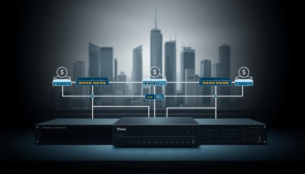 A highly-detailed, technically-accurate illustration of a proxy server configuration, set against a muted, industrial backdrop. The foreground features the proxy server itself, a sleek black box with clean lines and status indicator lights. The middle ground showcases the network architecture, with routers, switches, and connected devices communicating through secure SSL protocols. In the background, a cityscape of tall buildings and infrastructure conveys the sense of a modern, interconnected world relying on robust proxy systems for safe, reliable internet access.