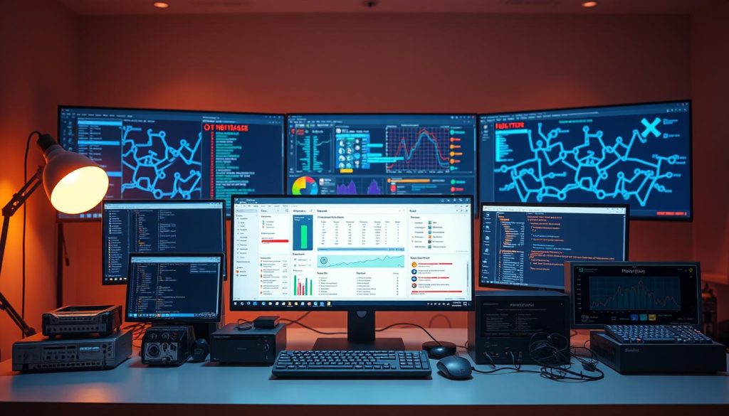 A meticulously crafted workstation showcasing a diverse array of diagnostic tools for troubleshooting proxy errors. In the foreground, various network monitoring utilities, packet sniffers, and connection verifiers are displayed on a sleek, minimalist desktop. The middle ground features a central console displaying comprehensive network analytics and error logs, surrounded by detailed system information and configuration settings. In the background, a large display screen presents a visually striking visualization of network traffic patterns and error sources, illuminated by a warm, focused lighting scheme that sets a technical yet approachable atmosphere. The overall composition conveys a sense of professionalism and expertise in resolving proxy-related issues. A meticulously crafted workstation showcasing a diverse array of diagnostic tools for troubleshooting proxy errors. In the foreground, various network monitoring utilities, packet sniffers, and connection verifiers are displayed on a sleek, minimalist desktop. The middle ground features a central console displaying comprehensive network analytics and error logs, surrounded by detailed system information and configuration settings. In the background, a large display screen presents a visually striking visualization of network traffic patterns and error sources, illuminated by a warm, focused lighting scheme that sets a technical yet approachable atmosphere. The overall composition conveys a sense of professionalism and expertise in resolving proxy-related issues.