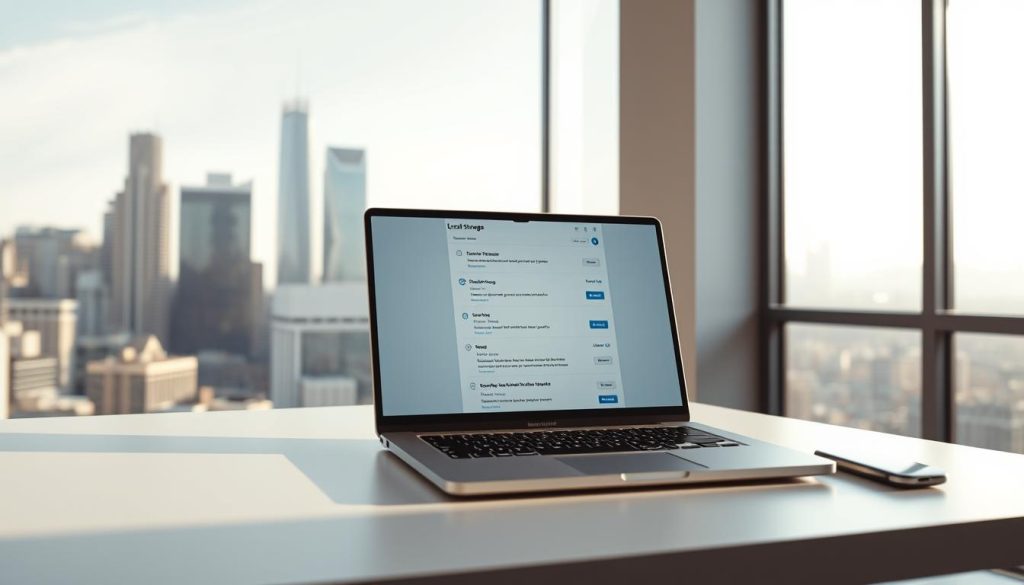 A minimalist office space with a large window overlooking a bustling city skyline. On the desk, a sleek laptop displays an open web browser window showcasing a clean, intuitive interface for managing local storage. The lighting is soft and natural, casting a warm glow across the scene. The angle is slightly elevated, offering a comprehensive view of the desk setup. The mood is one of productivity and focus, highlighting the importance of local storage in web development and user experience.