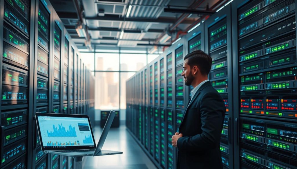 A modern data center filled with rows of high-tech servers, illuminated by soft blue and green LED lights. In the foreground, a professional IT technician in business attire is observing server activity on a sleek laptop, with graphs and data visualizations displayed on the screen. The middle layer showcases various servers representing datacenter proxies and residential proxies, clearly labeled with distinct colors. In the background, large windows let in natural light, providing a glimpse of the city skyline, enhancing the tech-savvy atmosphere. The overall mood is professional and enlightening, demonstrating the complexity and functionality of proxy servers. The image should be captured with a wide-angle lens to provide depth and detail, emphasizing the organized and high-tech environment of the data center. A modern data center filled with rows of high-tech servers, illuminated by soft blue and green LED lights. In the foreground, a professional IT technician in business attire is observing server activity on a sleek laptop, with graphs and data visualizations displayed on the screen. The middle layer showcases various servers representing datacenter proxies and residential proxies, clearly labeled with distinct colors. In the background, large windows let in natural light, providing a glimpse of the city skyline, enhancing the tech-savvy atmosphere. The overall mood is professional and enlightening, demonstrating the complexity and functionality of proxy servers. The image should be captured with a wide-angle lens to provide depth and detail, emphasizing the organized and high-tech environment of the data center.