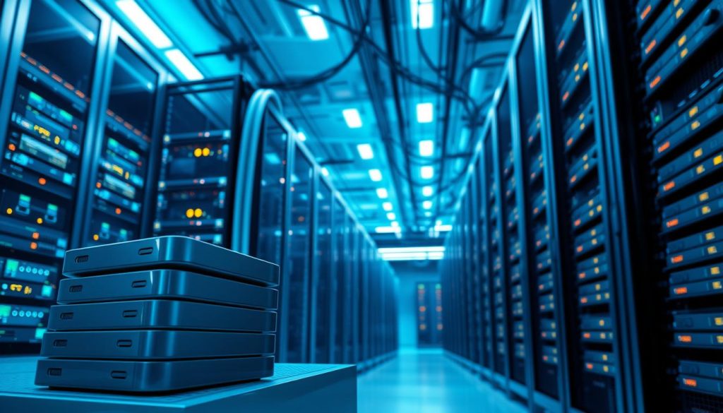 A modern data storage facility, with rows of servers and racks of hard drives bathed in a cool, blue-green hue. The foreground features a stack of glossy, sleek external hard drives in shades of grey, their surfaces reflecting the bright lighting. In the middle ground, a series of curved, monolithic server cabinets stand tall, their LED indicators blinking rhythmically. The background depicts a network of cables and wires, crisscrossing the space and converging at a central control panel, illustrating the interconnected nature of web-based data storage. The overall scene conveys a sense of efficiency, organization, and the vast scale of modern data infrastructure, powered by cutting-edge proxy technologies.