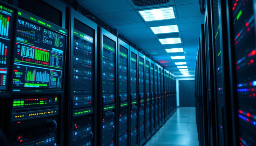 A modern datacenter filled with rows of sleek, high-performance servers, glowing with colorful LED lights. In the foreground, a close-up view of a network technician in a professional outfit, intently monitoring server performance on multiple screens displaying data metrics. In the middle ground, tall server racks are organized neatly, showcasing a complex web of cables connecting the systems. The background features dimly lit aisles between the racks, with a subtle glow from overhead lights creating a high-tech atmosphere. The image captures a sense of efficiency and innovation, emphasizing the power and significance of datacenter proxies in network communications, portrayed with a sharp focus and a slightly elevated angle to give depth and perspective. A modern datacenter filled with rows of sleek, high-performance servers, glowing with colorful LED lights. In the foreground, a close-up view of a network technician in a professional outfit, intently monitoring server performance on multiple screens displaying data metrics. In the middle ground, tall server racks are organized neatly, showcasing a complex web of cables connecting the systems. The background features dimly lit aisles between the racks, with a subtle glow from overhead lights creating a high-tech atmosphere. The image captures a sense of efficiency and innovation, emphasizing the power and significance of datacenter proxies in network communications, portrayed with a sharp focus and a slightly elevated angle to give depth and perspective.