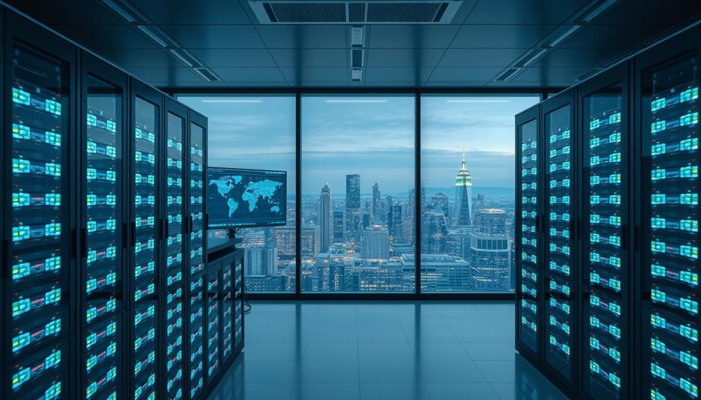 A modern, high-tech representation of residential proxies infrastructure set in a sleek data center. In the foreground, display rows of servers with blinking lights, symbolizing active data processing. In the middle ground, include multiple screens showing graphical analytics and network maps, reflecting data flow and proxy connections. The background should feature a panoramic view of a city skyline through a large glass window, hinting at the residential aspect. Use soft, cool lighting to create a sophisticated and professional atmosphere, emphasizing technology and connectivity. Capture the scene from a slightly high angle, conveying a sense of oversight and management of the proxy network. Ensure the overall mood feels futuristic and innovative, without any human figures present.