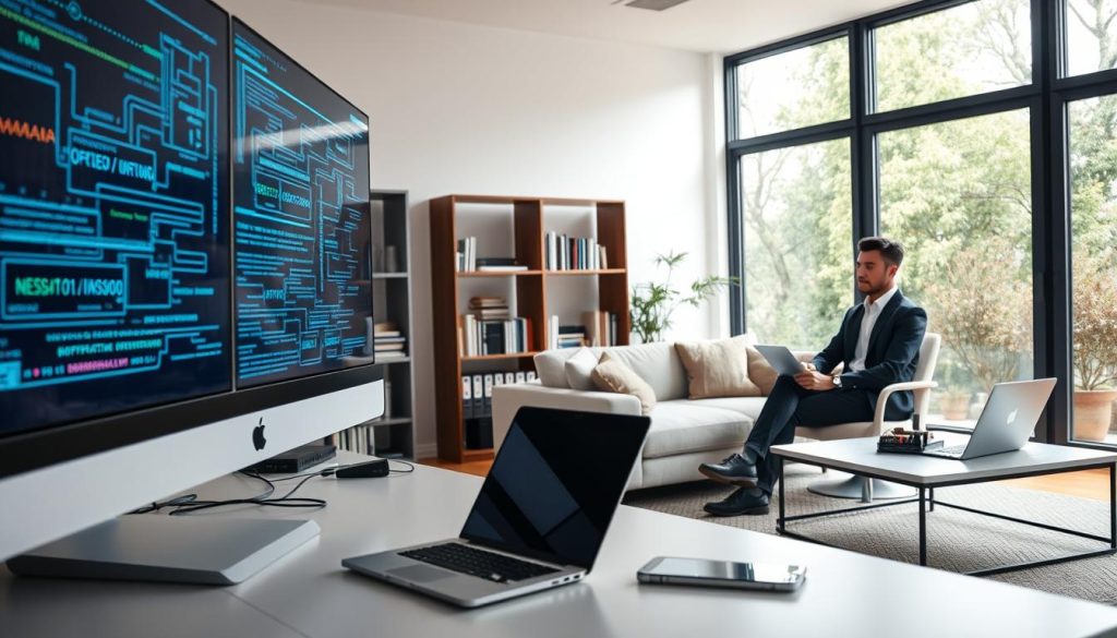 A modern home office setting that embodies the concept of residential proxies. In the foreground, a sleek computer workstation with dual monitors displaying digital data streams and network connections. In the middle, a cozy living room area features a bookshelf filled with tech-related books and a stylish coffee table with a laptop and smartphone, symbolizing connectivity. The background shows large windows with greenery visible outside, indicating a comfortable residential environment. Natural light filters through the window, creating a warm and inviting atmosphere. A professional individual in smart casual attire is seated at the desk, focused on their work. The overall mood is innovative and tech-savvy, illustrating the seamless integration of technology in a home setting. A modern home office setting that embodies the concept of residential proxies. In the foreground, a sleek computer workstation with dual monitors displaying digital data streams and network connections. In the middle, a cozy living room area features a bookshelf filled with tech-related books and a stylish coffee table with a laptop and smartphone, symbolizing connectivity. The background shows large windows with greenery visible outside, indicating a comfortable residential environment. Natural light filters through the window, creating a warm and inviting atmosphere. A professional individual in smart casual attire is seated at the desk, focused on their work. The overall mood is innovative and tech-savvy, illustrating the seamless integration of technology in a home setting.