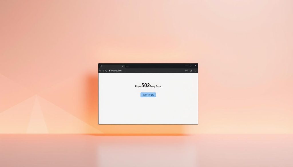 A modern, minimalist desktop interface with a web browser window prominently displayed. The browser window shows a 502 Proxy Error message, with a "Refresh" button in the center. The background is a soft, neutral tone, with subtle geometric patterns adding visual interest. Warm, directional lighting creates depth and highlights the browser window. The overall mood is one of calm and focus, guiding the viewer's attention to the key element - the "Refresh" action as a quick fix for the error.