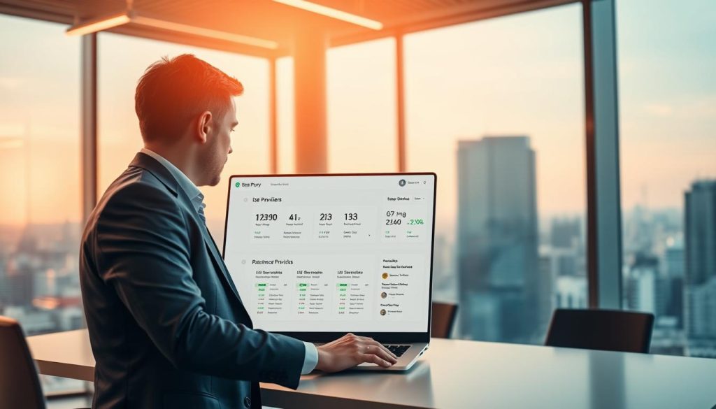 A modern office interior, illuminated by warm overhead lighting and large windows overlooking a bustling city skyline. On a sleek, minimalist desk, a laptop displays a dashboard showcasing various ISP proxy providers, their performance metrics, and security features. The user interface is clean and intuitive, with color-coded data visualizations and easy-to-navigate menus. In the foreground, a businessperson in formal attire examines the screen, deep in thought, contemplating the reliable and secure internet connectivity options available. The atmosphere conveys a sense of professionalism, technological sophistication, and the importance of safeguarding online activities. A modern office interior, illuminated by warm overhead lighting and large windows overlooking a bustling city skyline. On a sleek, minimalist desk, a laptop displays a dashboard showcasing various ISP proxy providers, their performance metrics, and security features. The user interface is clean and intuitive, with color-coded data visualizations and easy-to-navigate menus. In the foreground, a businessperson in formal attire examines the screen, deep in thought, contemplating the reliable and secure internet connectivity options available. The atmosphere conveys a sense of professionalism, technological sophistication, and the importance of safeguarding online activities.
