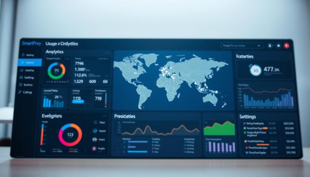 A modern, sleek dashboard interface showcasing the key features of the SmartProxy residential proxy service. In the foreground, a series of detailed infographic panels display real-time analytics, usage metrics, and proxy configuration settings. The middle ground features a large, high-resolution map with dynamic data visualizations tracking global proxy server locations and network performance. In the background, a minimalist design aesthetic with subtle gradients and clean typography sets an elegant, professional tone. Bright lighting and a slight depth of field create a sense of depth and focus, highlighting the dashboard's intuitive and responsive user experience. A modern, sleek dashboard interface showcasing the key features of the SmartProxy residential proxy service. In the foreground, a series of detailed infographic panels display real-time analytics, usage metrics, and proxy configuration settings. The middle ground features a large, high-resolution map with dynamic data visualizations tracking global proxy server locations and network performance. In the background, a minimalist design aesthetic with subtle gradients and clean typography sets an elegant, professional tone. Bright lighting and a slight depth of field create a sense of depth and focus, highlighting the dashboard's intuitive and responsive user experience.