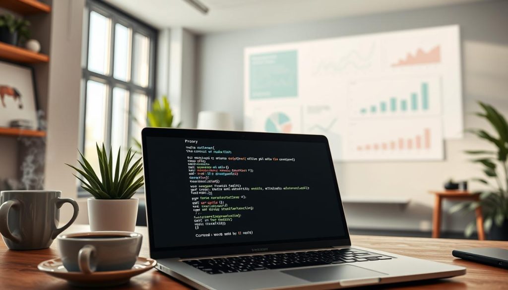 A modern workspace filled with technology elements illustrating the benefits of using proxy with node-fetch. In the foreground, a sleek laptop displays a code snippet that suggests proxy connections. To the left, a potted plant adds a touch of nature, while a cup of coffee steams gently, indicating a productive atmosphere. The middle ground features a large window allowing natural light to pour in, creating a warm and inviting space. In the background, charts and graphs are projected on a wall, representing improved data flow and efficiency. The overall mood is professional and focused, with soft lighting emphasizing the importance of technology in enhancing web interactions. The composition should be captured from a slight angle to provide depth, showcasing a blend of modern tech and a cozy workspace. A modern workspace filled with technology elements illustrating the benefits of using proxy with node-fetch. In the foreground, a sleek laptop displays a code snippet that suggests proxy connections. To the left, a potted plant adds a touch of nature, while a cup of coffee steams gently, indicating a productive atmosphere. The middle ground features a large window allowing natural light to pour in, creating a warm and inviting space. In the background, charts and graphs are projected on a wall, representing improved data flow and efficiency. The overall mood is professional and focused, with soft lighting emphasizing the importance of technology in enhancing web interactions. The composition should be captured from a slight angle to provide depth, showcasing a blend of modern tech and a cozy workspace.